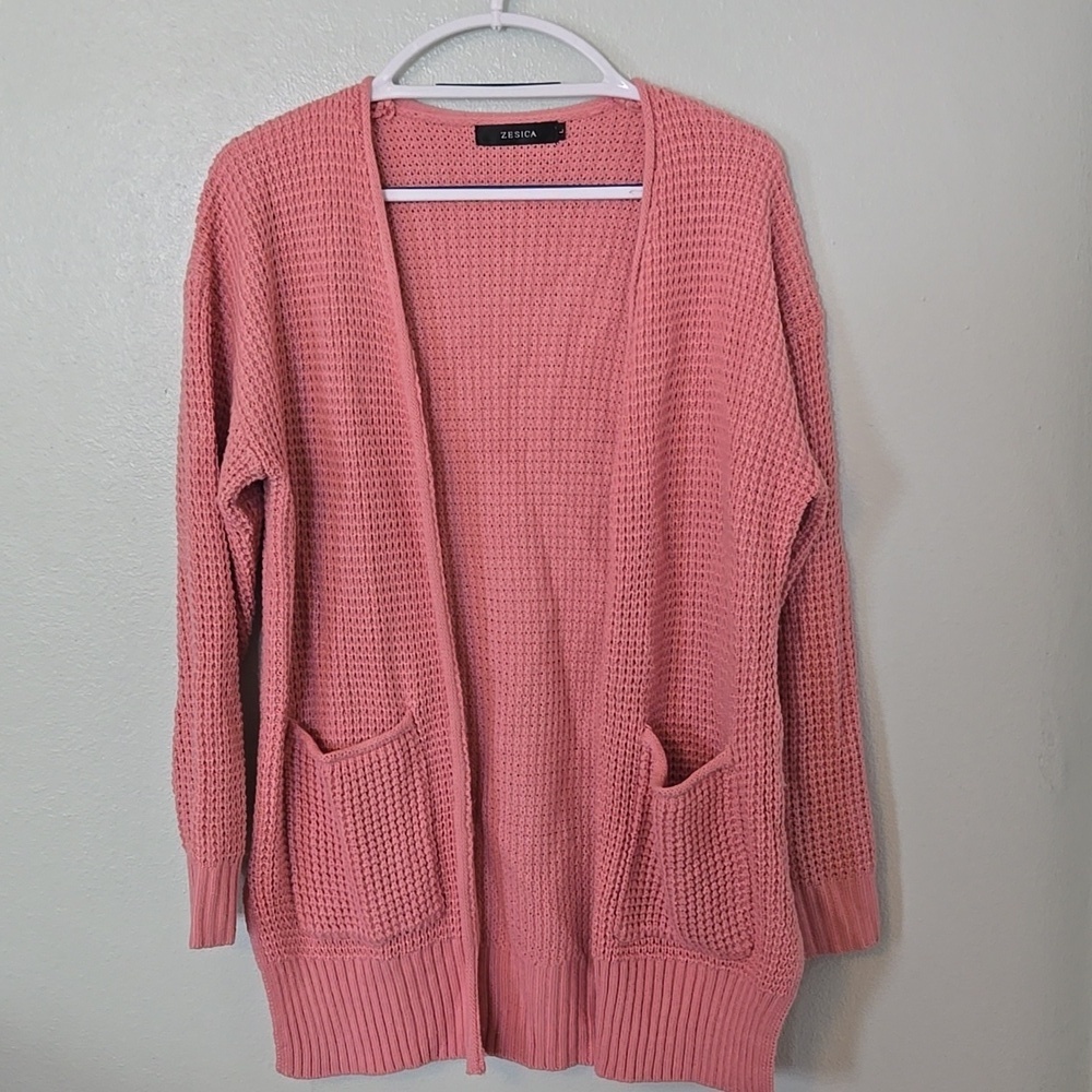Zesica | Pink Waffle Knit Open Cardigan Size Large